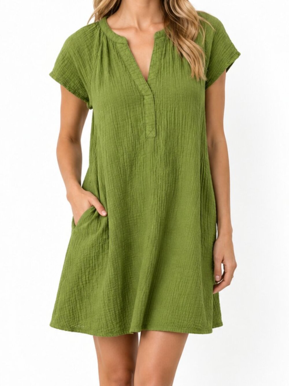 UNIVERSAL THREAD Green Crinkle Cotton Gauze V-Neck Mini Shift Dress Size XS EUC